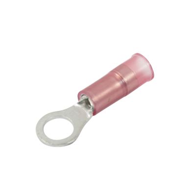 Red nylon and brass sleeve ring terminal with circular metal end, suitable for 10 stud electrical connections.