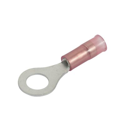 Red nylon and brass ring terminal with round opening and connector sleeve.