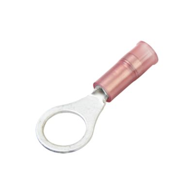 Red nylon and brass sleeve ring terminal for electrical connections, featuring a sturdy metal loop and insulated casing.