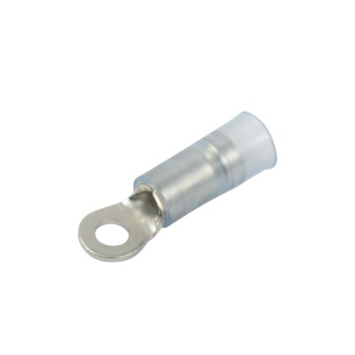 Blue nylon and brass sleeve ring terminal with a circular end and insulated sleeve for 16-14 gauge wire connections.