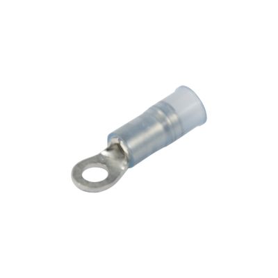 Blue nylon and brass ring terminal with sleeve, designed for 6 stud connections in 16-14 gauge wiring.