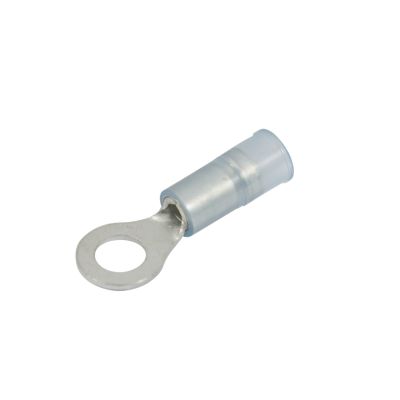 Blue nylon and brass ring terminal for electrical connections, featuring a sturdy design for 10 stud and 16-14 gauge wires.