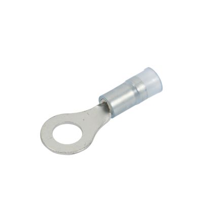 Blue nylon and brass sleeve ring terminal with a durable design for strong electrical connections.
