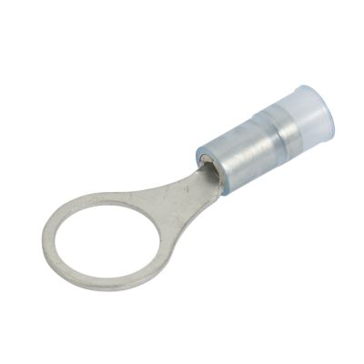 Blue nylon and brass sleeve ring terminal with a circular open end and a cylindrical sleeve for electrical connections.