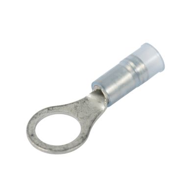 Blue nylon and brass sleeve ring terminal with eyelet design for electrical connections.