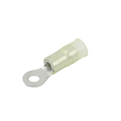 Yellow nylon and brass sleeve ring terminal for 8 stud connections, compatible with 12-10 gauge wires.