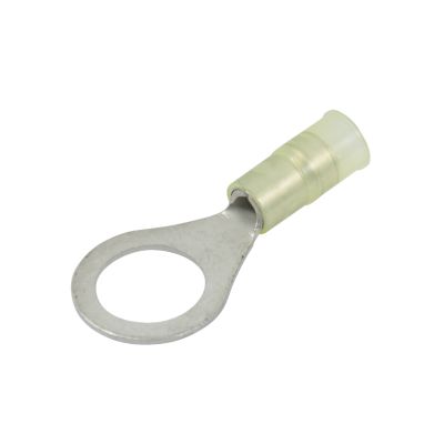 Yellow nylon and brass sleeve ring terminal for electrical connections, featuring a large eyelet and durable construction.