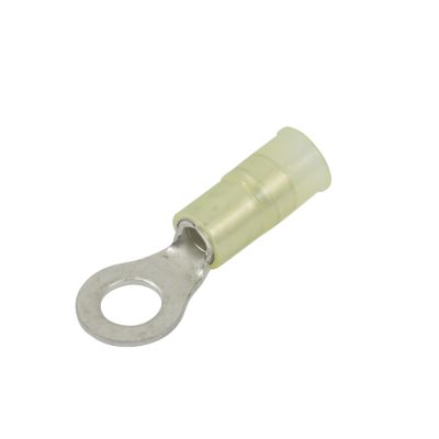 Yellow nylon and brass ring terminal with sleeve, suitable for 12-10 gauge wire, featuring a circular connector end.