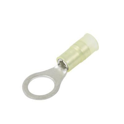 Yellow nylon and brass ring terminal with open circular end, used for electrical connections, wire gauge 12-10.