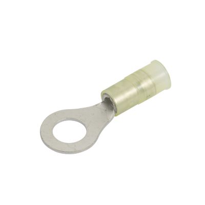 Yellow nylon and brass ring terminal with circular eyelet and smooth finish for electrical connections.