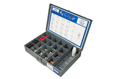 Battery terminals and solder heat shrink kit with organized compartments and instruction label inside an open case.