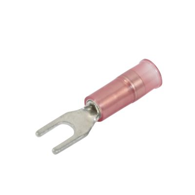 Red nylon and brass spade terminal with sleeve, featuring a narrow block design and four stud connector.