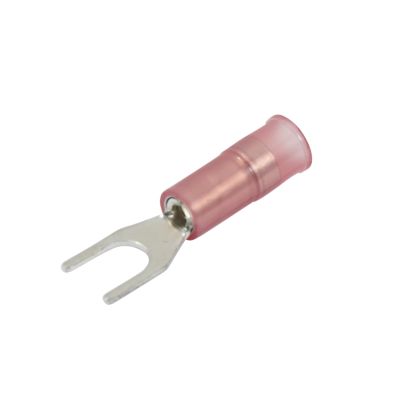 Red nylon and brass spade terminal with narrow block design for electrical connections.