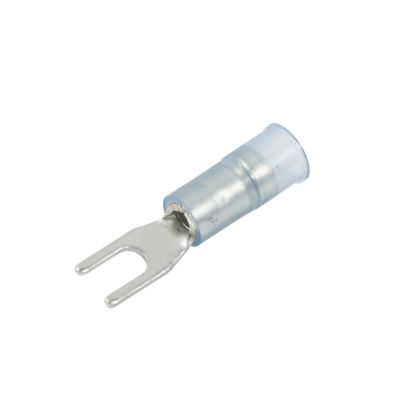 Blue nylon and brass spade terminal with narrow block design and four stud connection for 16-14 gauge wire.