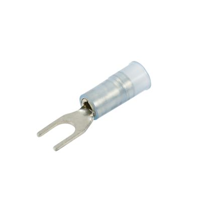 Nylon and brass spade terminal with narrow block and blue sleeve, suitable for 8 stud connections, 16-14 gauge wiring.