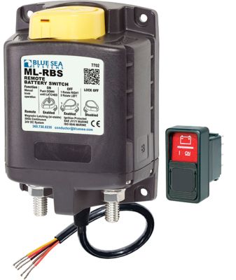 Blue Sea Systems ML-RBS Remote Battery Switch with manual control and 24V capacity, featuring a yellow and red toggle.