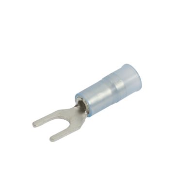 Blue spade terminal with nylon and brass sleeve for electrical connections.
