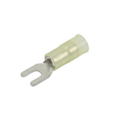 Yellow nylon and brass spade terminal with forked end, suitable for 12-10 gauge wires, designed for secure electrical connections.