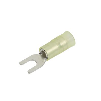 Yellow nylon and brass spade terminal connector, 8 stud, ideal for 12-10 gauge wiring applications.