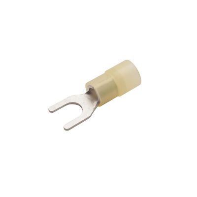 Yellow nylon and brass spade terminal with a forked design for electrical connections.