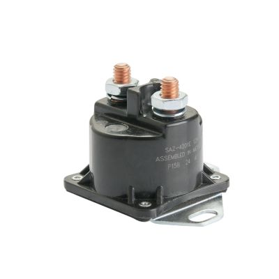 Grounded intermittent solenoid with dual terminals, black casing, and mounting bracket for electrical applications.