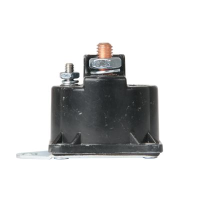 Black Pollak solenoid with copper and silver terminals, designed for grounded intermittent use in electrical systems.