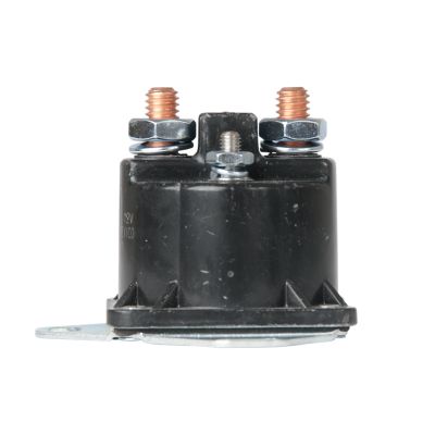 Pollak Grounded Intermittent Plastic Solenoid SPST, 12V with copper terminals and black housing, front view.