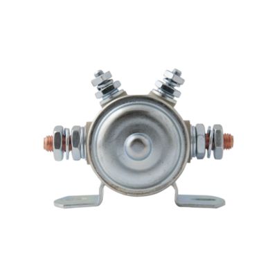 Insulated continuous solenoid switch with dual mounting brackets, showcasing nuts and terminals for a 12V SPST application.