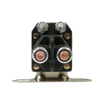 Cole Hersee 12V 100A Plastic Solenoid with dual copper terminals and black housing, mounted on a metal base.