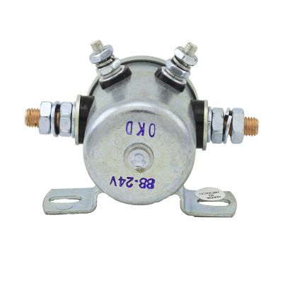 Insulated solenoid switch with metal casing, mounting brackets, and electrical terminals for 24V systems.