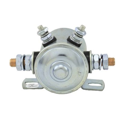 Silver insulated continuous solenoid switch with dual mounting brackets and copper terminals, SPST design, 24V 100A.