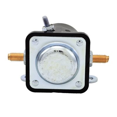 Grounded intermittent plastic solenoid with SPST design, featuring metal terminals and mounting holes on a sleek black and silver casing.
