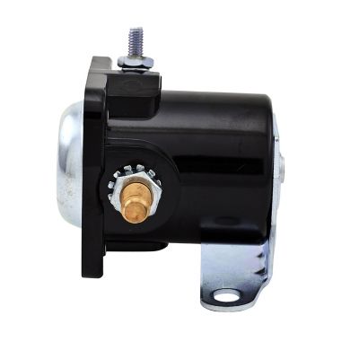 Black grounded solenoid with a sturdy metal bracket and visible terminals, designed for intermittent high-power applications.