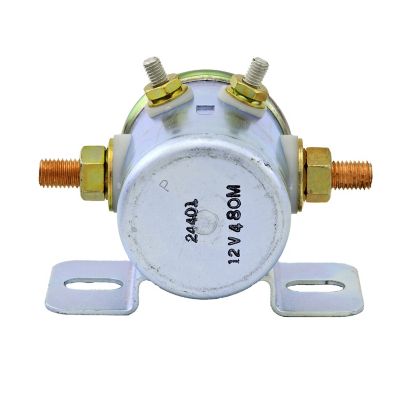 Insulated solenoid switch with dual terminals, metallic finish, and mounting brackets. Suitable for 12V systems.