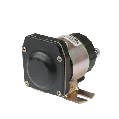 Heavy-duty insulated solenoid with black cap and metal bracket, ideal for continuous duty applications.