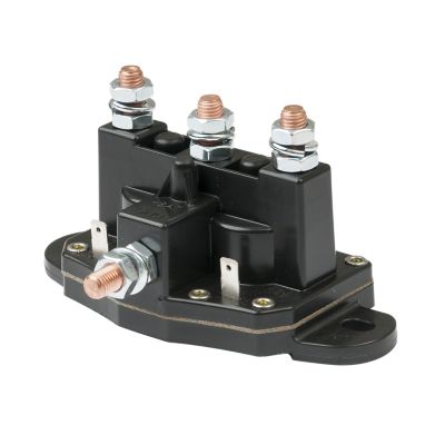Motor reversing solenoid with black insulated casing, copper studs, and dual terminals, ideal for heavy-duty applications.