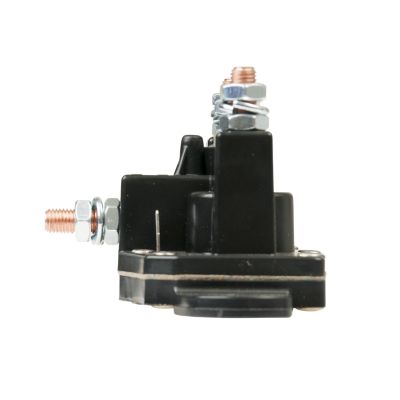 Intermittent motor reversing solenoid displaying terminals and durable black casing for DPDT, 12V applications.