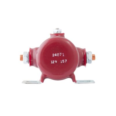 Red Cole Hersee grounded intermittent solenoid with mounting brackets, showcasing weatherproof design and voltage details.