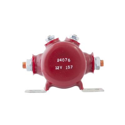 Weatherproof 12V SPST solenoid with red casing and metal terminals, designed for durability and reliable electrical connections.