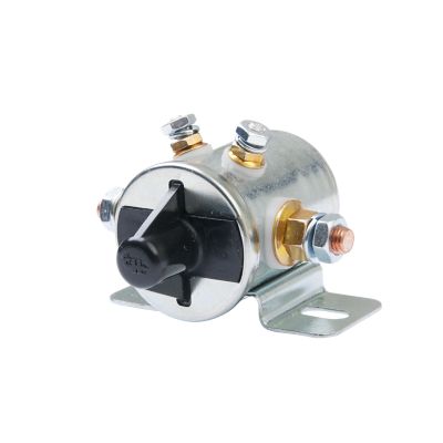 Latching solenoid with metal casing and mounting bracket, showing electrical terminals and black rotary switch knob.