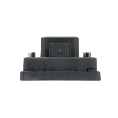 Black hi-amp bi-stable relay with a rectangular design, featuring two connectors on top and a sturdy base.