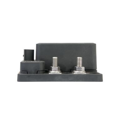 Hi-Amp, bi-stable relay with dual bolt connections and black casing for electrical applications.
