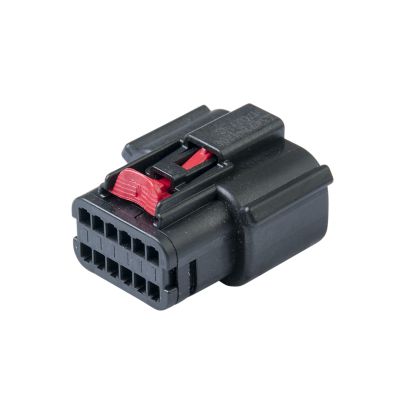 Black Hi-Amp, Bi-Stable Relay Connector with red locking mechanism, featuring multiple terminal slots for secure connections.