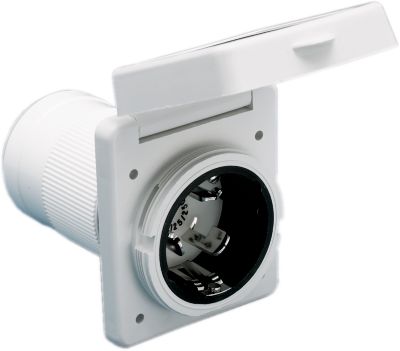 White ParkPower power inlet with enclosure, showcasing its solid design and open lid for easy access, ideal for RV use.