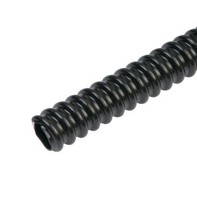 Black coiled Heyco 8450 liquid tight electrical tubing, highlighting flexible and durable ribbed structure.