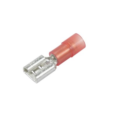 Red nylon and brass female push-on terminal, partially insulated, ideal for 22-18 gauge wires.