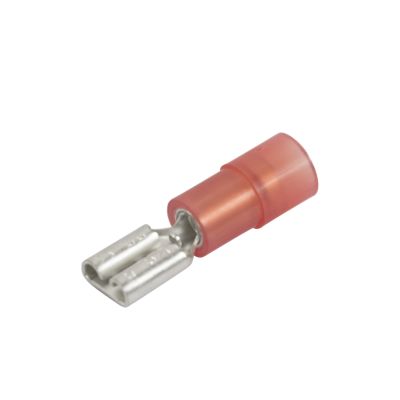 Red partially insulated nylon and brass female push-on terminal, designed for wire connections.