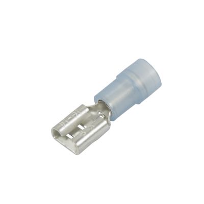 Partially-insulated nylon and brass push-on terminal for 16-14 gauge wiring.