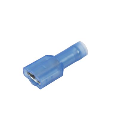 Blue nylon and brass female push-on terminal, fully insulated, for 16-14 gauge connections.