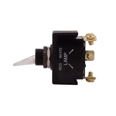 Illuminated O-Ring Toggle Switch SPST, featuring side view with markings, connectors, and toggle mechanism.